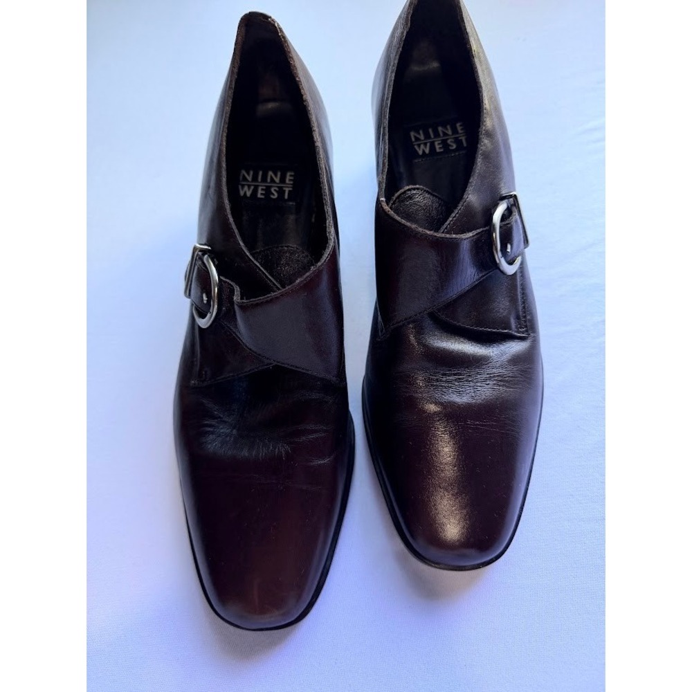 Vintage Nine West Brown Leather Monk Strap Block Heel Square Toe - 8.5M